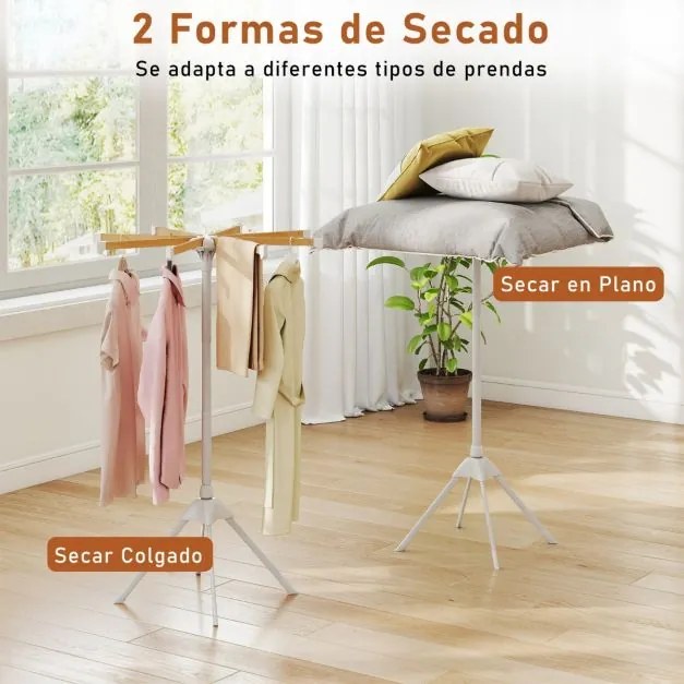 Estendal de roupa com 4 pés dobrável com 8 barras de bambu 40 ranhuras para cabides e estrutura metálica resistente Natural