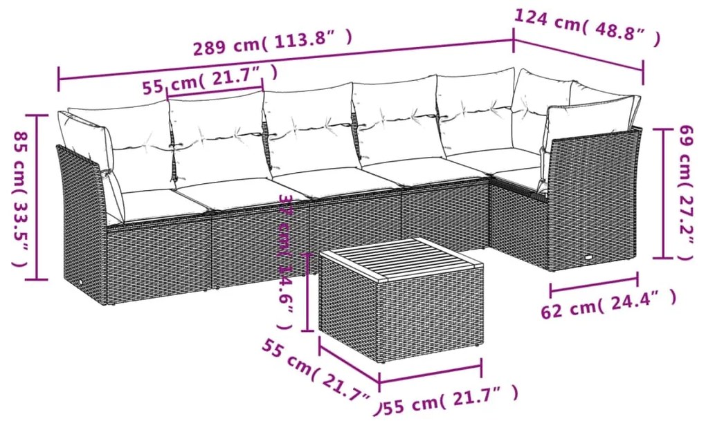 7 pcs conjunto sofás p/ jardim c/ almofadões vime PE cinzento