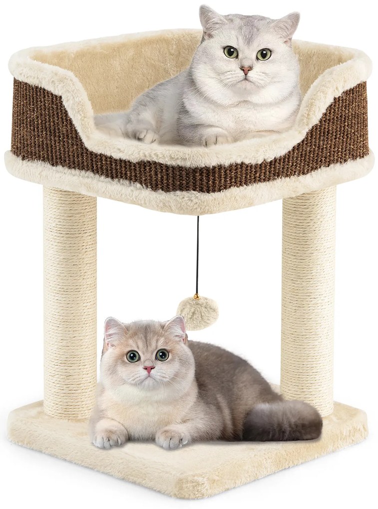 Arranhador para gatos 38 x 38 x 51 cm pequeno com assento em pelúcia, bola e colunas de sisal, bege