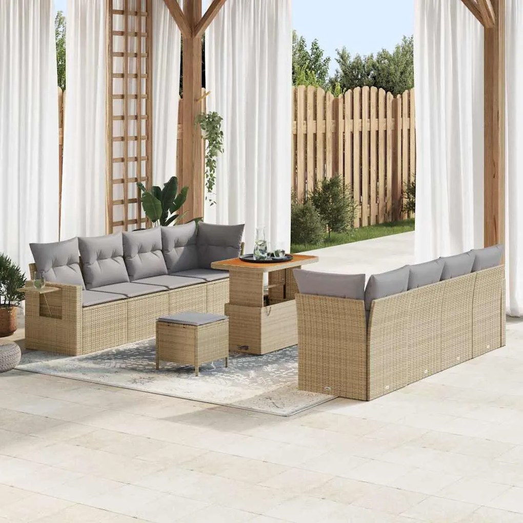 vidaXL Conjunto de Sofá de Jardim com 11 Peças e Almofadas Beijão em Rattan Poliéster e Acácia
