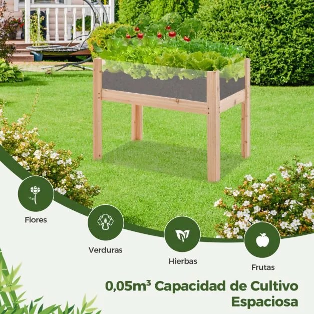 Floreira elevada de madeira 75 x 46 x 61 cm com pés 50 L, orifícios de drenagem e painéis acrílicos para frutas e legumes Natural