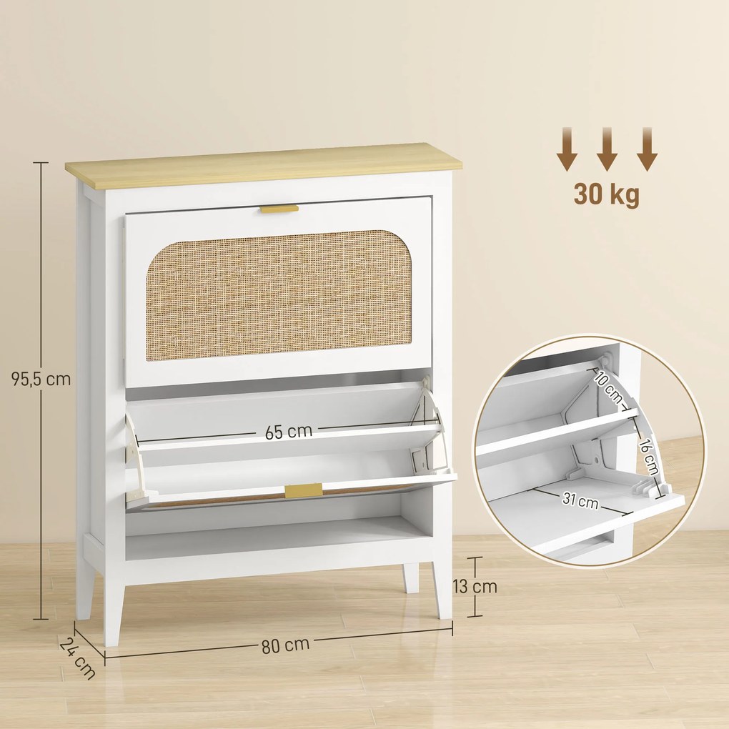 Sapateira Estreita com 2 Portas em Vime e Prateleiras Ajustáveis para 14 Pares de Sapatos 105x24x95,5 cm Branco