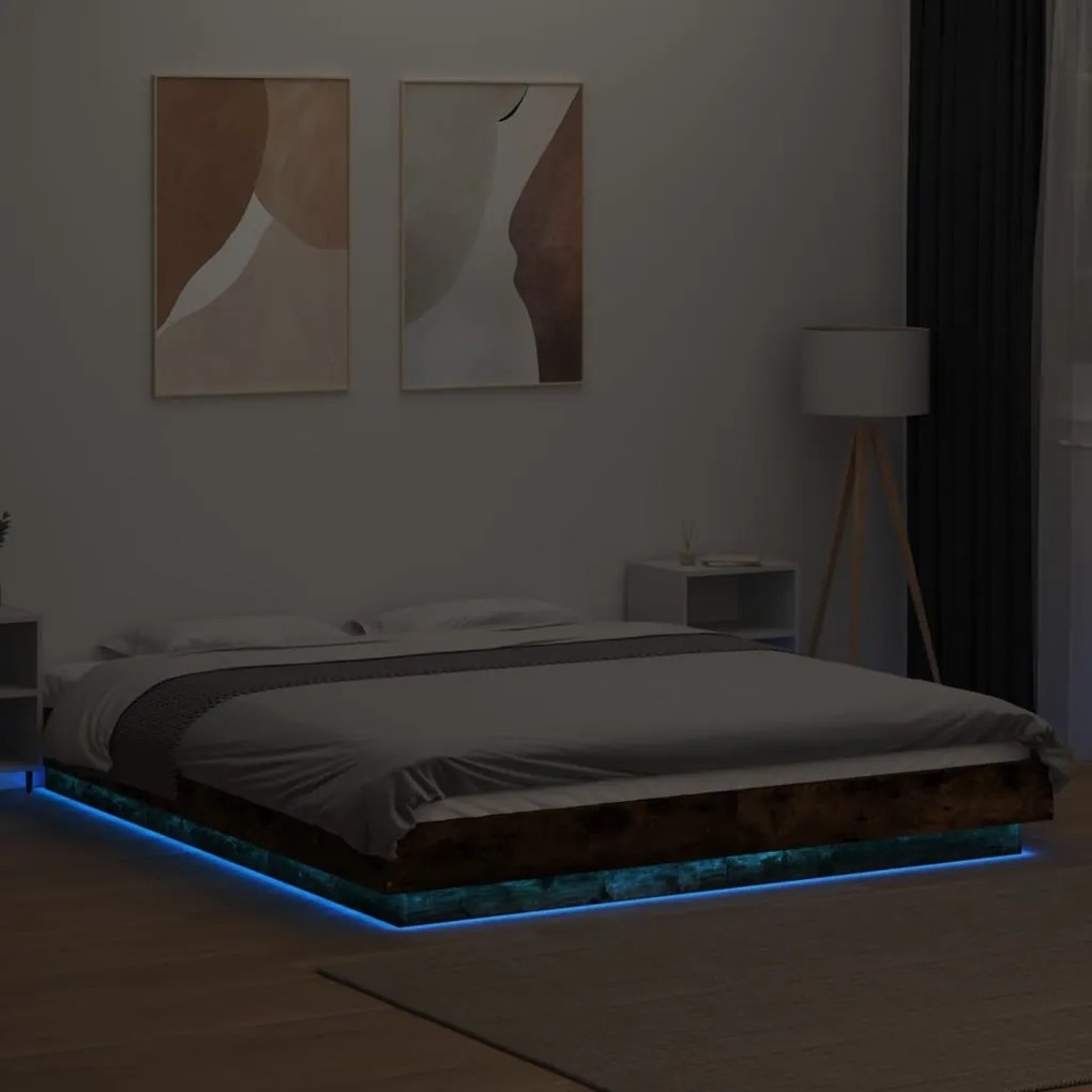 Estrutura cama c/ luzes LED derivados madeira carvalho fumado