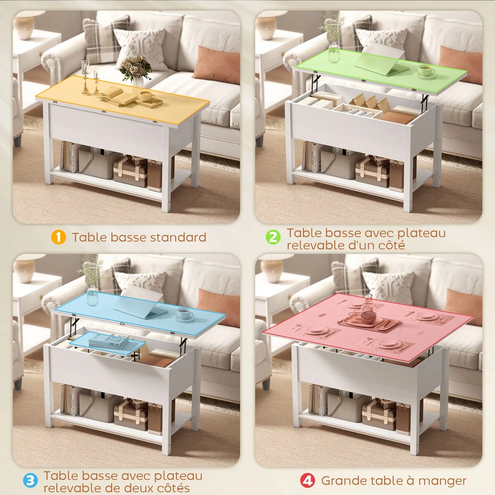 Mesa de Centro Elevável e Extensível, 100 x 90 x 63,5 cm, Tampo Duplo Ajustável, Branca