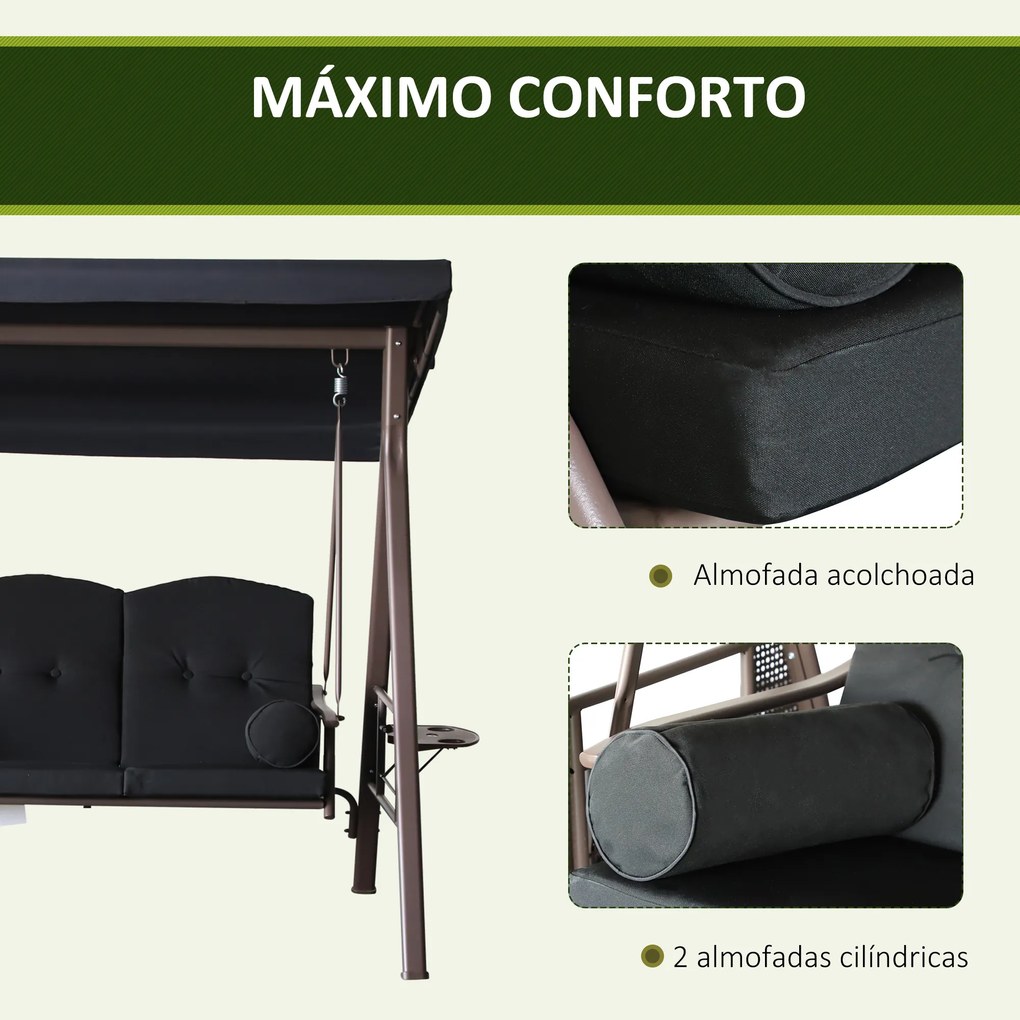 Banco Baloiço de Jardim de 3 Lugares com Teto 2 Almofadas Suporte para Bebidas 207x120,5x174 cm Preto