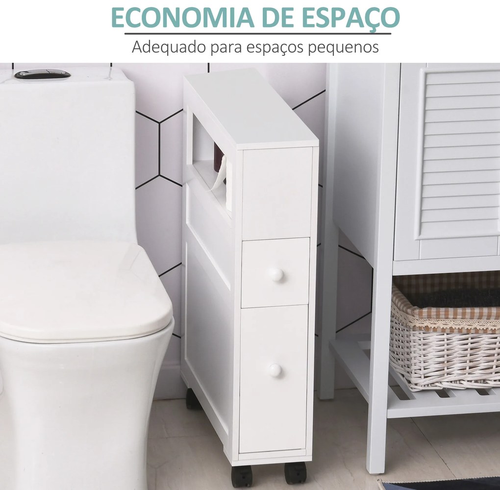 HOMCOM Móvel Auxiliar Casa de Banho Móvel Casa de Banho para Espaços Reduzidos com 4 Rodas Prateleira Aberta e Gavetas 16x52x71,5 cm Branco