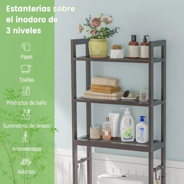 Estante casa de banho sobre a sanita de metal que economiza espaço com 3 ganchos e 3 níveis 63 x 26,5 x 170 cm Castanho