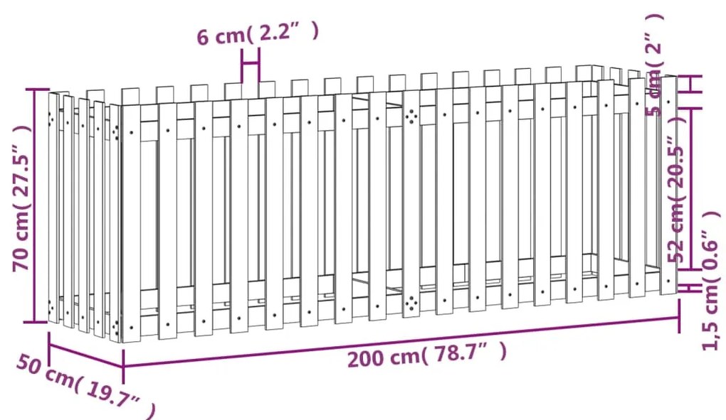 Canteiro elevado c/ design de cerca 200x50x70 cm pinho maciço