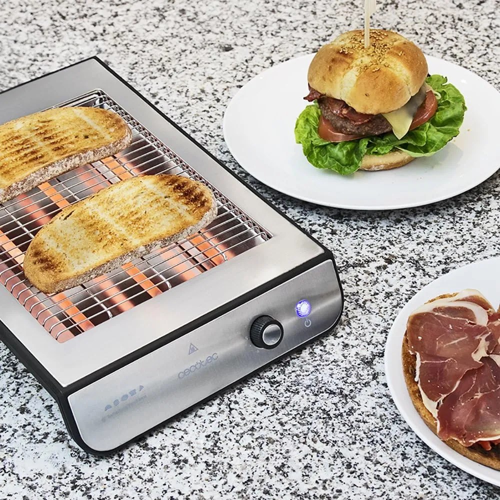 Torradeira Plana Horizontal Turbo Easy Toast Inox. 3 Resistências de quartzo, 6 níveis de potência, bandeja de migalhas, rebaixo do cabo, acabamentos
