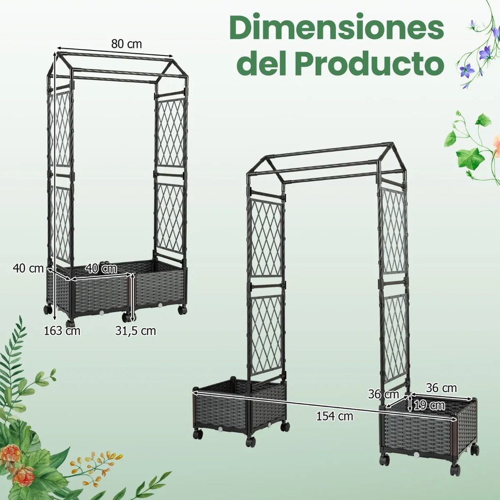 Floreira de jardim 81 x 40 x 162 cm com rega automática, com treliça e rodas bloqueáveis em rattan para plantas trepadeiras, tomates ou flores, cinza