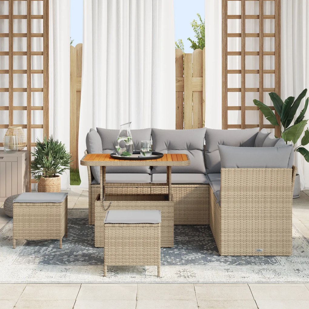 Conjunto de Sofás de Jardim de 8 Peças com Almofadas Bege Rattan Polié