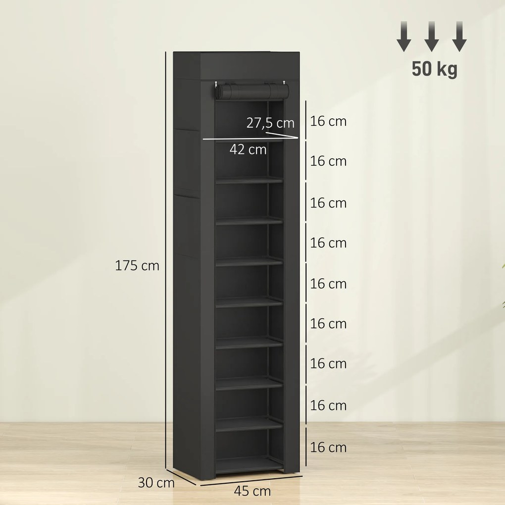 Sapateira com capacidade 45 x 30 x 175 cm para 20 pares e 10 níveis, organizador de sapatos em metal com capa anti pó, preto