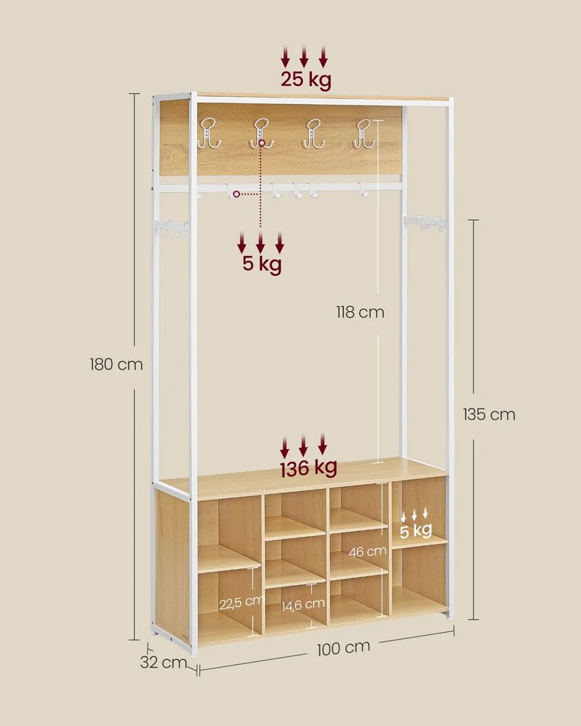 Armario entrada com cabide moderno com sapateira 32 x 100 x 180 cm e compartimentos abertos em cor de carvalho e branco