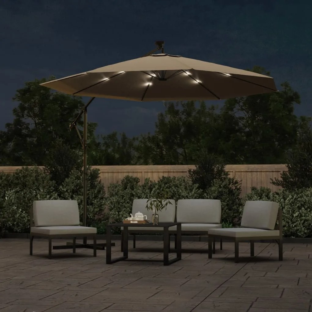 Guarda-sol cantilever com luzes LED 300 cm cinza-acastanhado