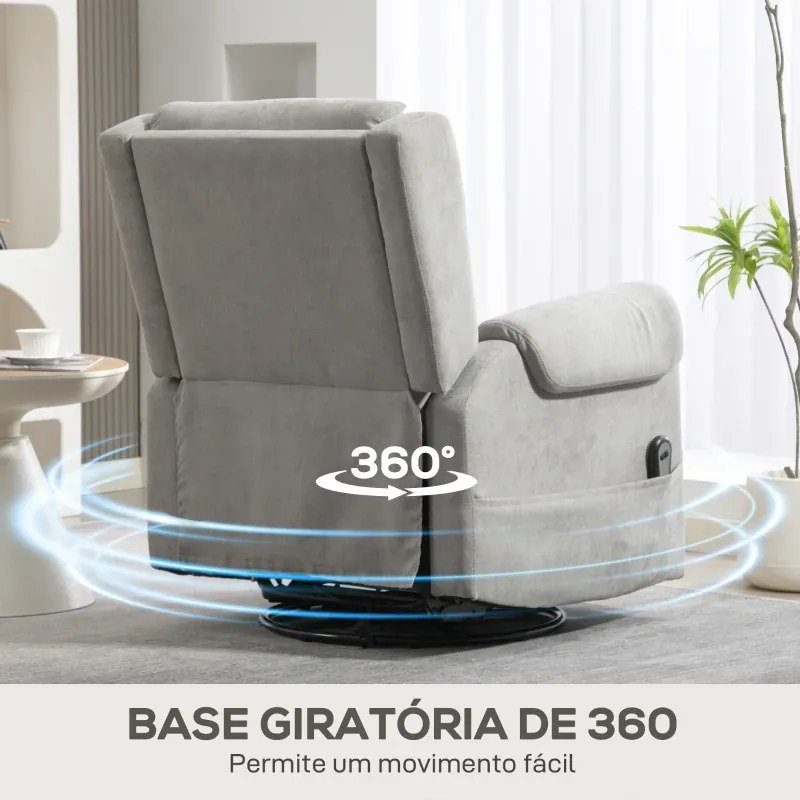 Poltrona Relax Reclinável Elétrica Giratória e Basculante com Apoio para os Pés Ajustável Controlo Remoto 86x89x99 cm Cinzento Claro