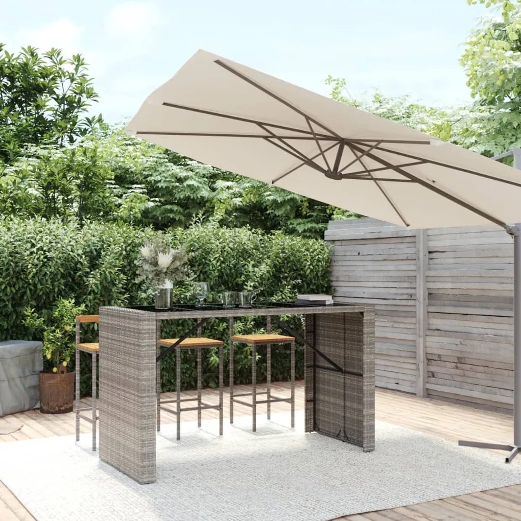 vidaXL Mesa de bar com tampo de vidro 185x80x110 cm vime PE cinzento