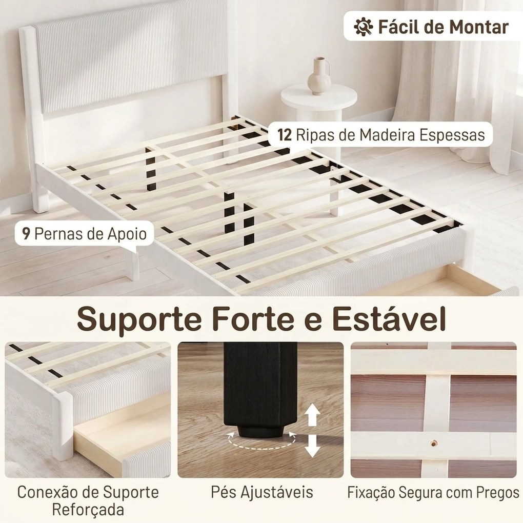 Cama Estofada 140x200 cm (COLCHÃO NÃO INCLUIDO) com Cabeceira Acolchoada Gaveta de Arrumação e Ripas de Madeira Bege