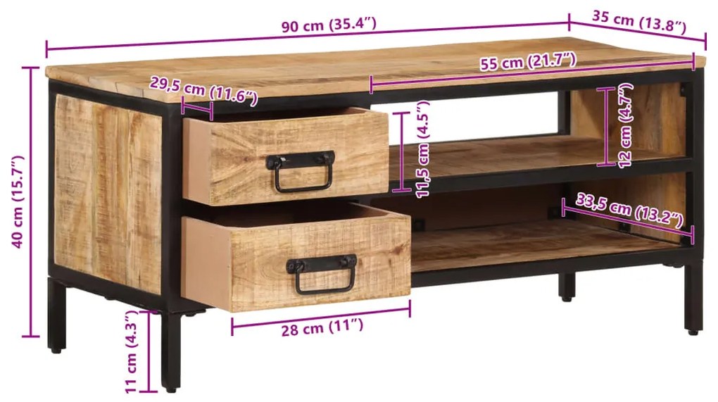 Móvel de TV 90x35x40 cm madeira mangueira áspera maciça