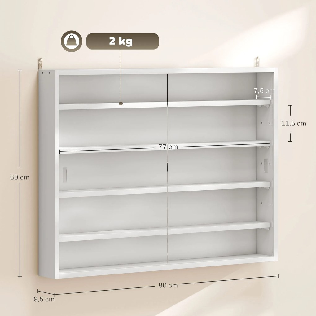 Vitrine de parede para objetos de coleção 80 x 9,5 x 60 cm,, com 4 prateleiras ajustáveis em altura e 2 portas de correr, branca