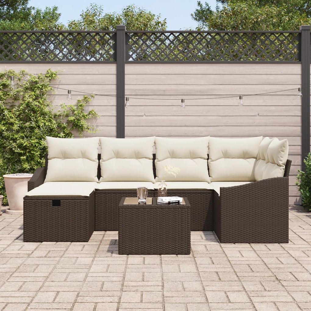 Conjunto de Sofá de Jardim de 7 Peças com Almofadas Castanho Rattan Po