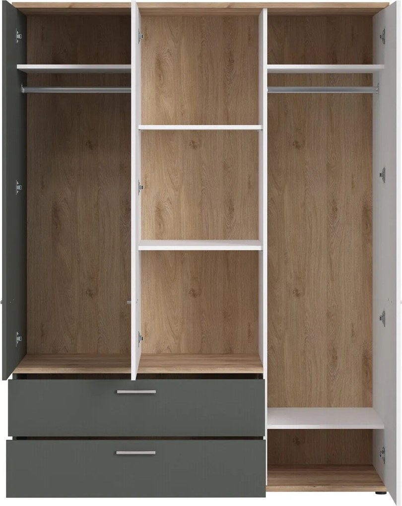 Roupeiro Tolfela 108, Carvalho de mel, Cinzento, Branco, 196x150x60cm, 197.7 kg, Portas para roupeiro: Com dobradiças