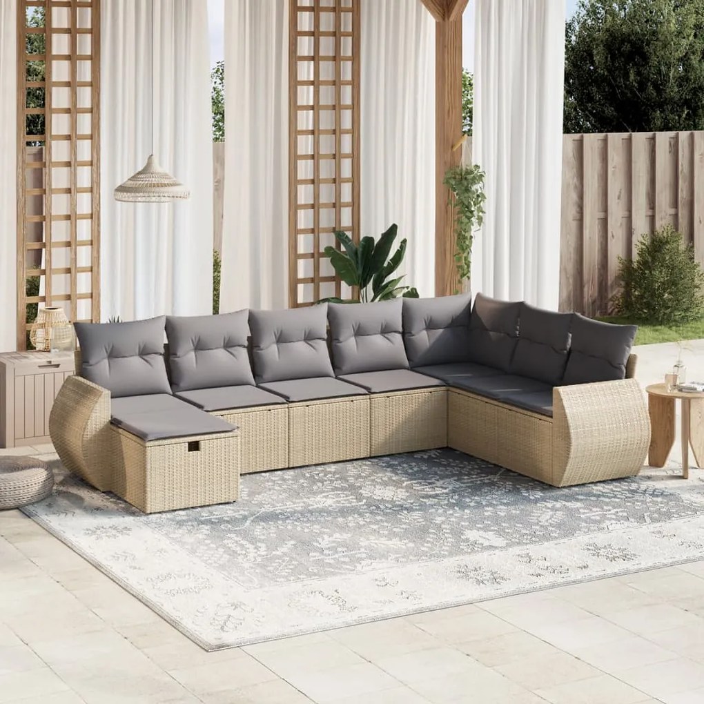8 pcs conj. sofás jardim c/ almofadões vime PE bege misturado