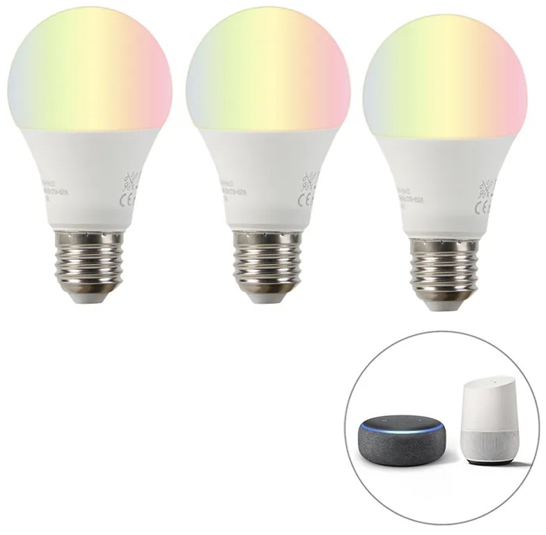 Conjunto inteligente de 3 lâmpadas LED RGBW E27 A60 9W 800lm 2200-4000K