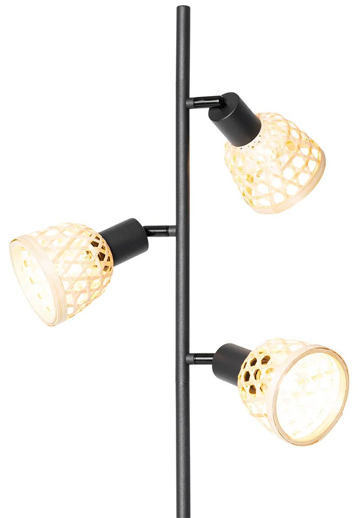 Candeeiro de pé oriental preto com bambu 3-luzes - Rayan Oriental