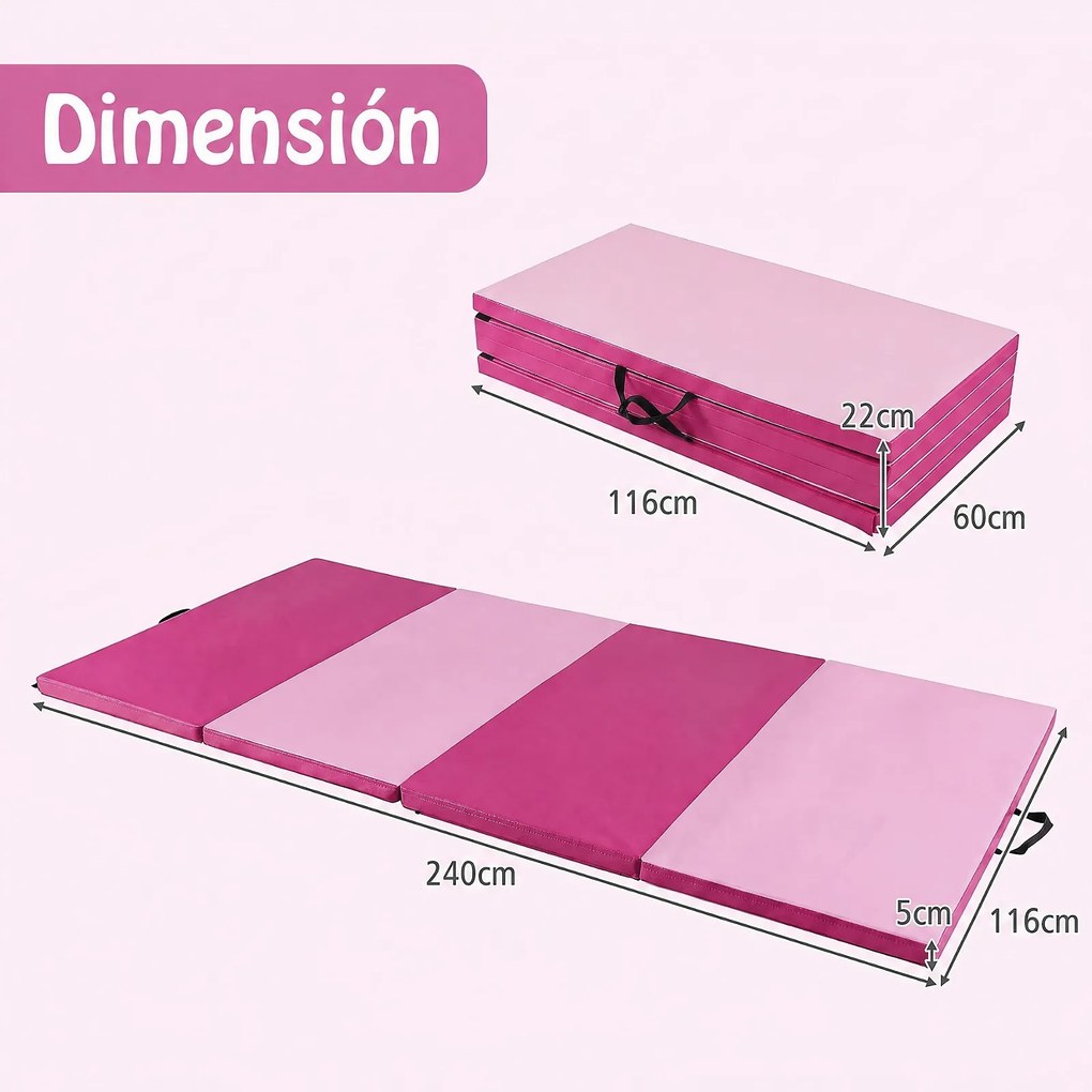 Colchão de Ginástica Dobrável, 240 x 116 x 5 cm, Espuma de Alta Densidade, Rosa-escuro