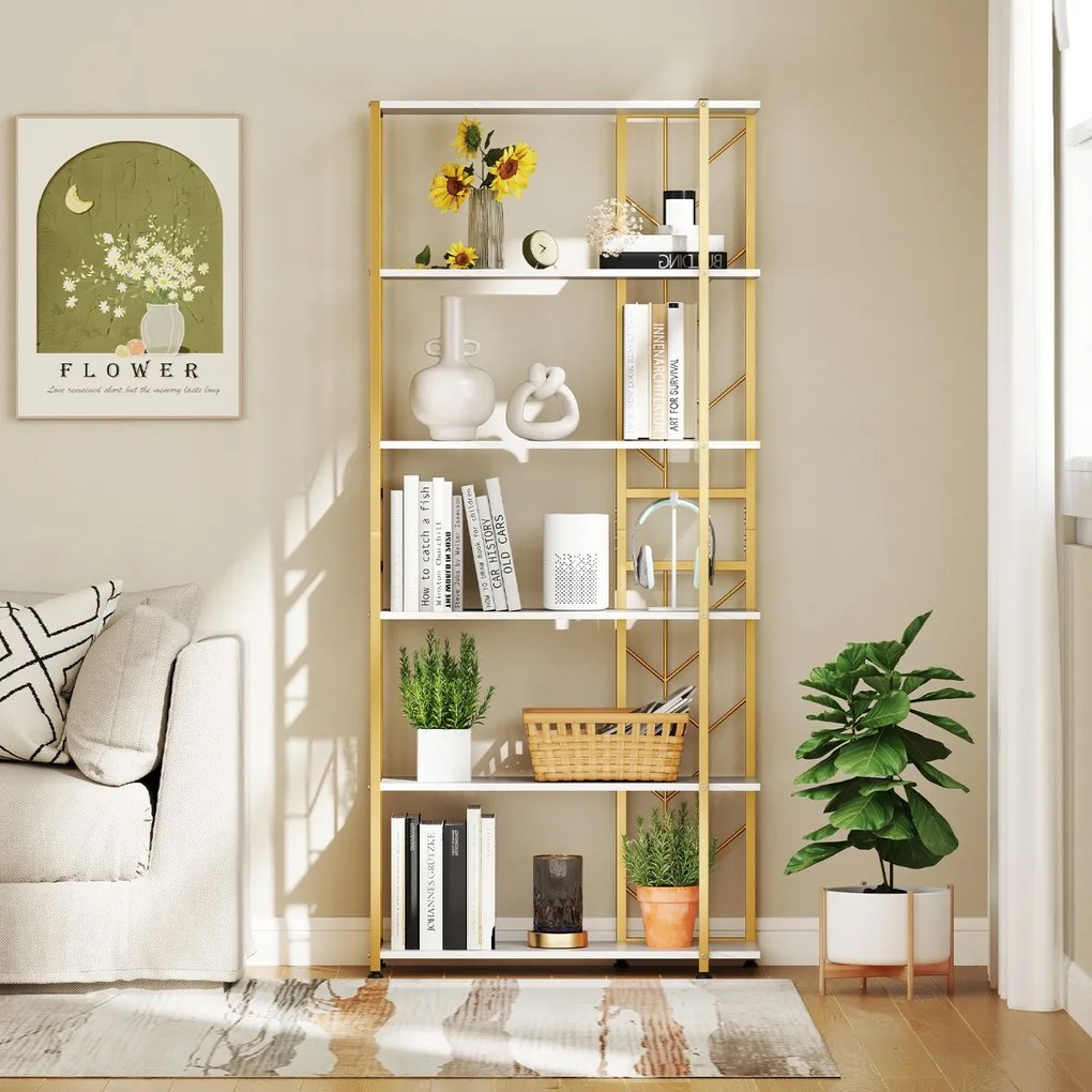 Estante de 6 prateleiras com estrutura metálica 80 x 31 x 180 cm Branca e dourada