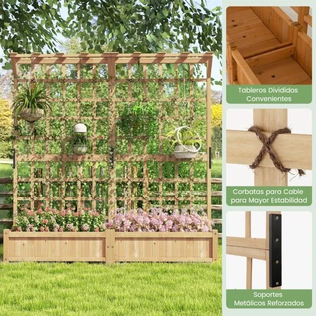 Floreira de jardim elevada em madeira, 180 x 48 x 183 cm, com treliça, teto suspenso, 2 caixas, tabuleiro removível, plantas trepadeiras e flores natu