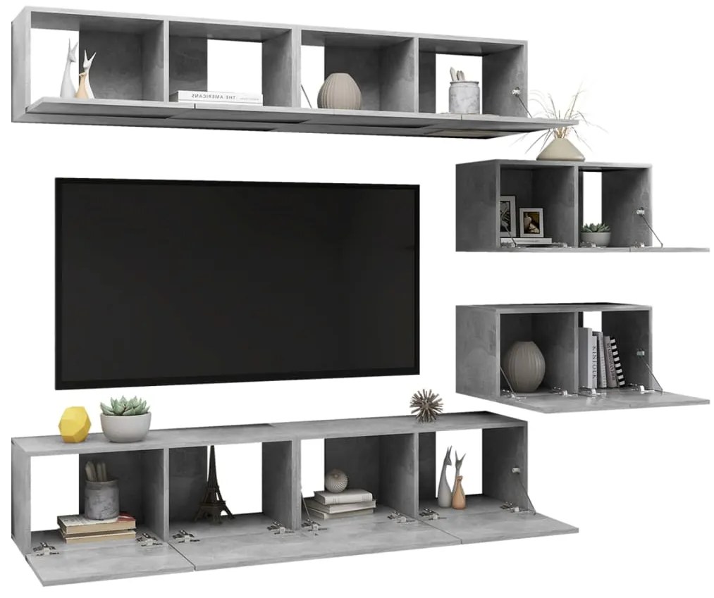 6 pcs conjunto móveis de TV derivados madeira cinzento cimento