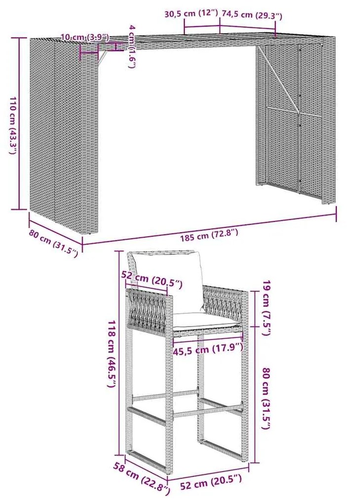 7 pcs conj. de bar jardim c/ almofadões vime PE/acácia cinzento