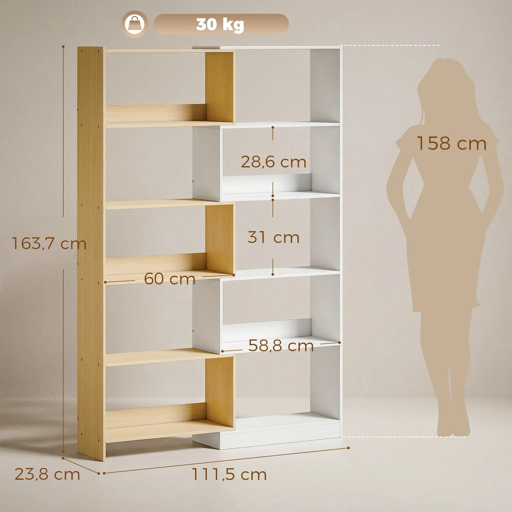 Estante de canto giratória a 350°, com 5 prateleiras, prateleira de arrumação extensível em forma de L, 60-111 x 24 x 164 cm, cor carvalho, branco