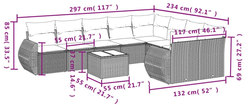 10 pcs conjunto sofás de jardim c/ almofadões vime PE cinzento