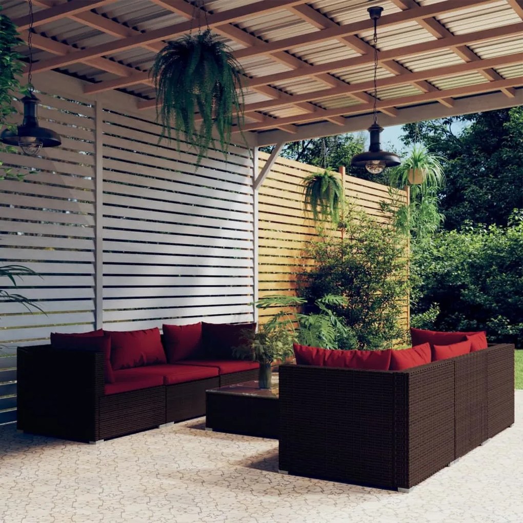vidaXL 7 pcs conjunto lounge jardim c/ almofadões vime PE castanho