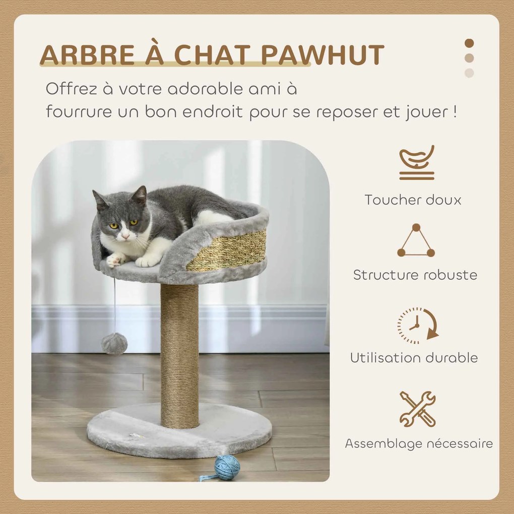 Arranhador para gatos 40 x 40 x 49 cm para trepar brinquedo com pompom suspenso + plataforma de pelúcia, juta cinzenta