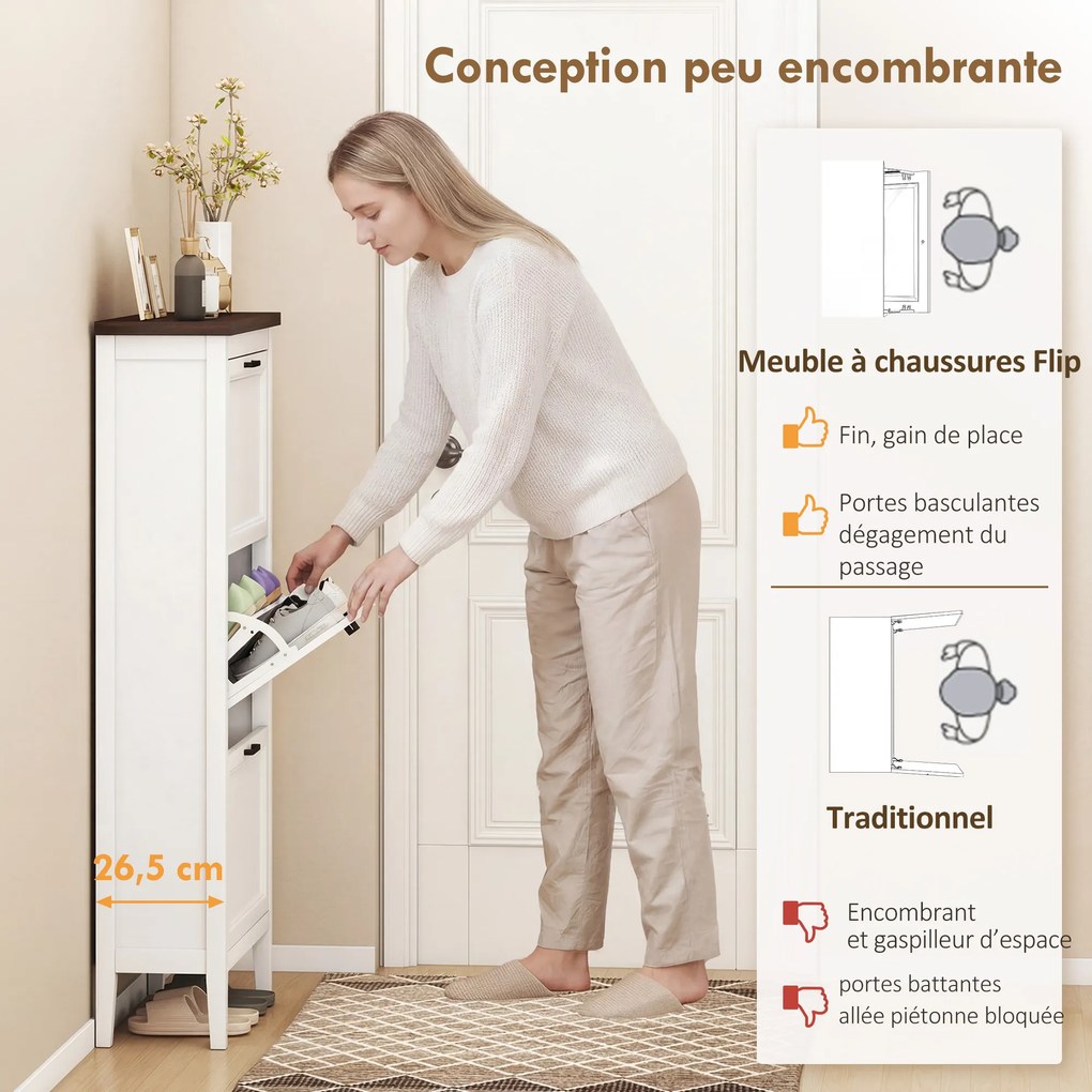 Sapateira com capacidade para 18 pares 60 x 26,5 x 133,7 cm, armário estreito com 3 gavetas rebatíveis e prateleiras ajustáveis, branco