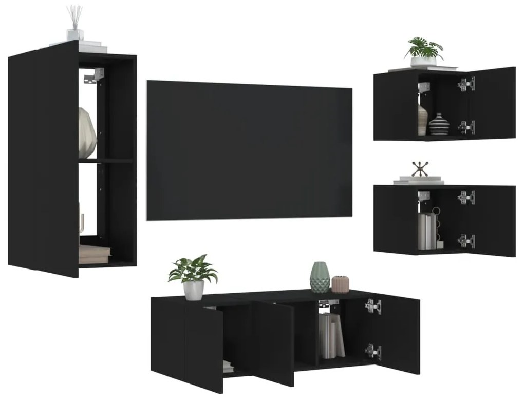vidaXL 5 pcs móveis de parede p/ TV c/ LEDs derivados de madeira preto