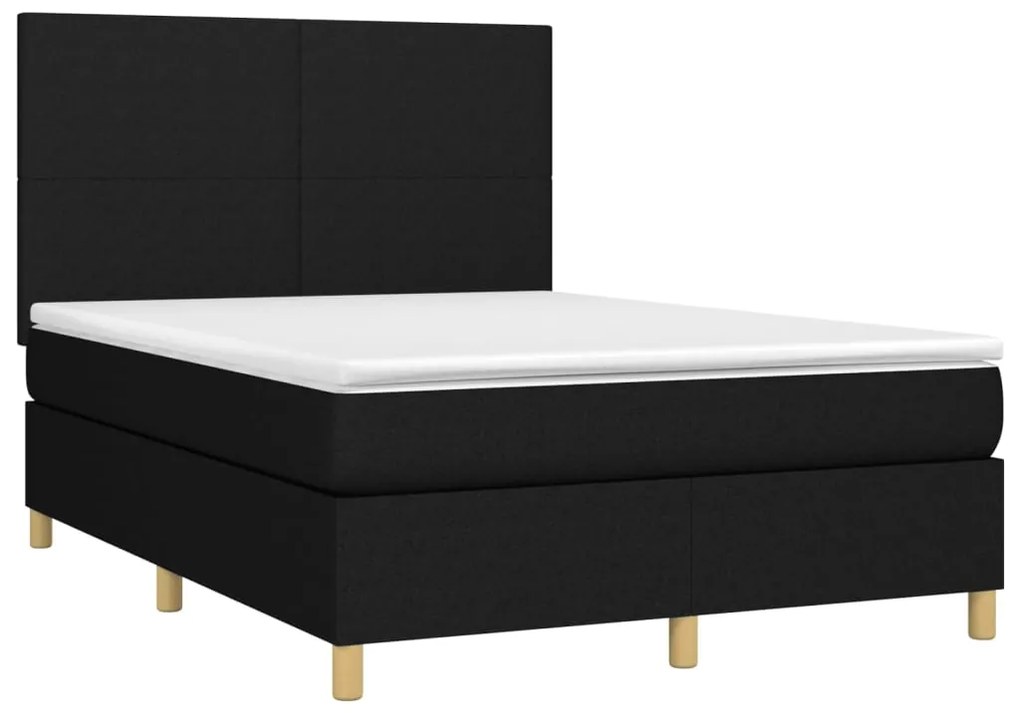 Cama box spring c/ colchão e LED 140x200 cm tecido preto