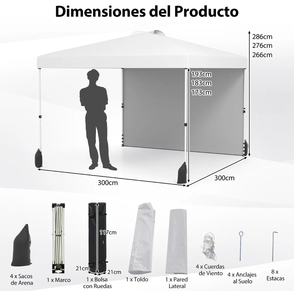 Tenda Pop up de 3 x 3 m com parede lateral para jardim, festas, feiras, eventos com 4 pesos areia, portátil com bolsa enrolável branca