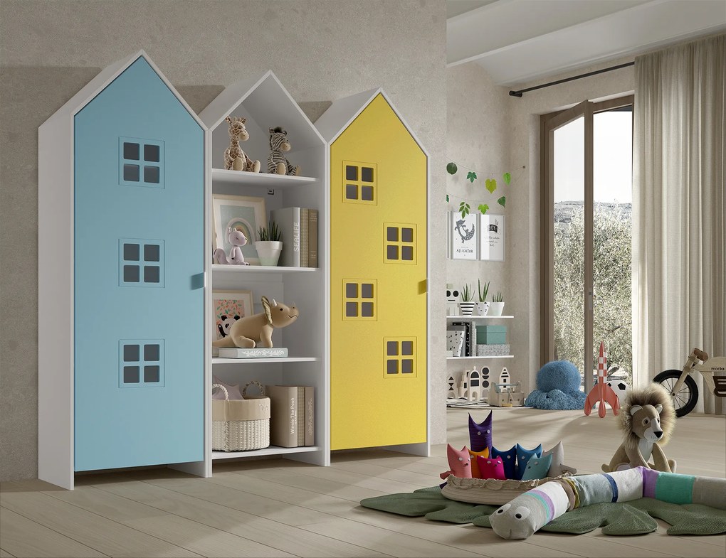 Conjunto 2 armarios Guarda Roupa infantil + estante infantil coleção CASAMI Azul e Amarelo