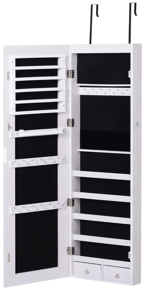 HOMCOM Espelho com Móvel de Bijuterias de Parede ou Porta Espelho de Parede com LED 5 Prateleiras 2 Gavetas pequenas e Fechadura 37x120x10cm Cinza Claro