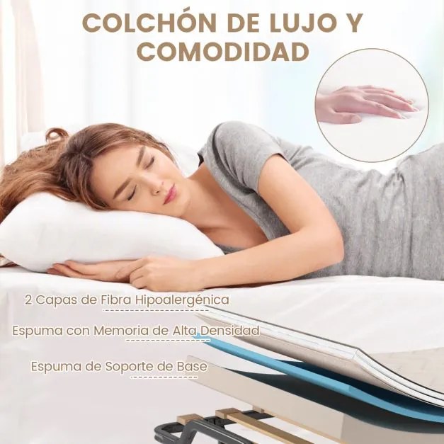 Cama dobrável 80 x 200 cm com rodas e colchão de espuma viscoelástica e fibra hipoalergénica Cama de hóspedes compacta e portátil
