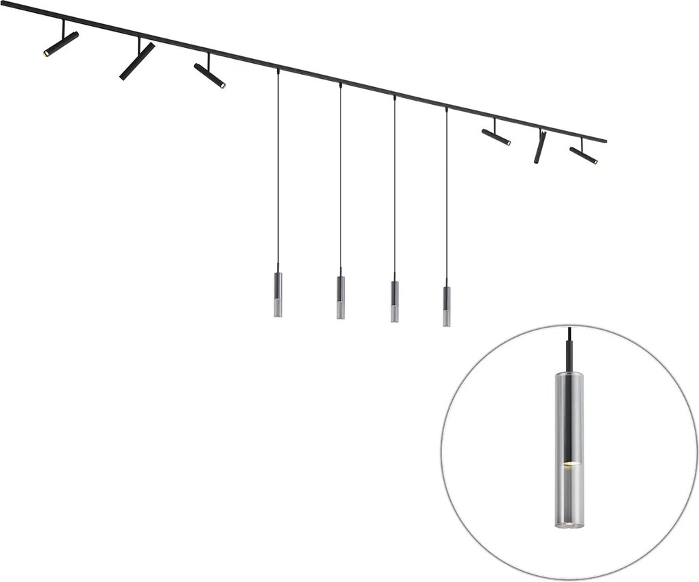 Sistema de iluminação de trilho moderno preto com 6 focos e 4 luzes pendentes pretas 1-fase - Slimline Avery Loyce