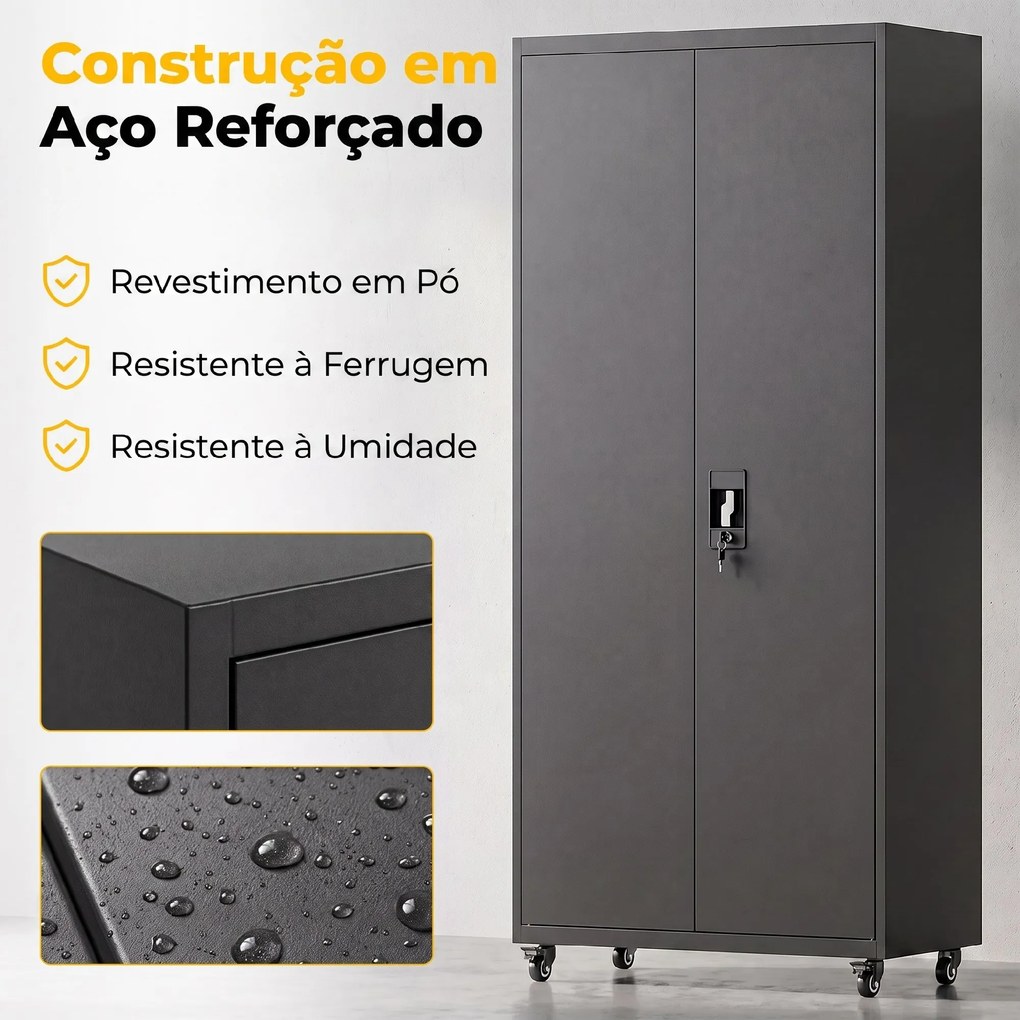 Armário de Ferramentas em Aço 180 cm com Rodas Amovíveis Prateleiras Ajustáveis e Carga 250 kg para Garagem Preto