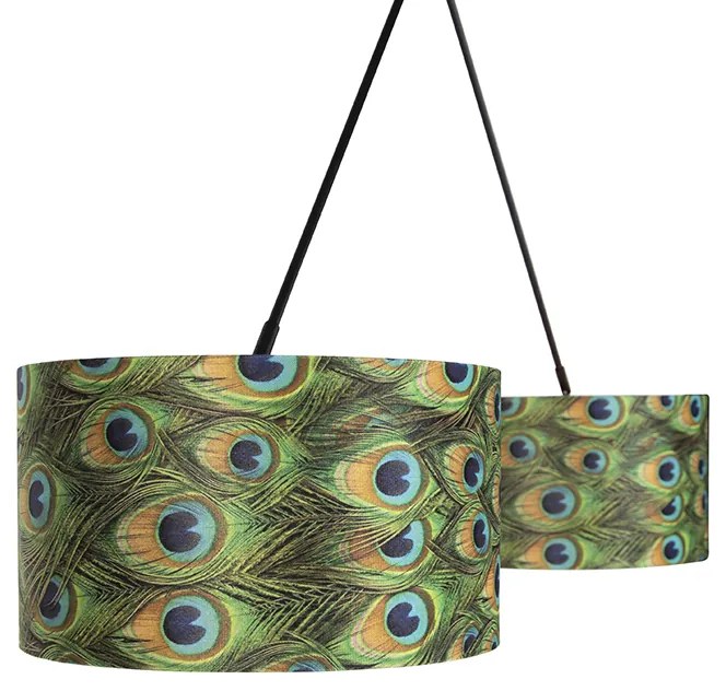 Candeeiro de suspensão preto com abajures de veludo azul-pavão com dourado 35 cm 2-luzes - Blitz Clássico / Antigo,Moderno