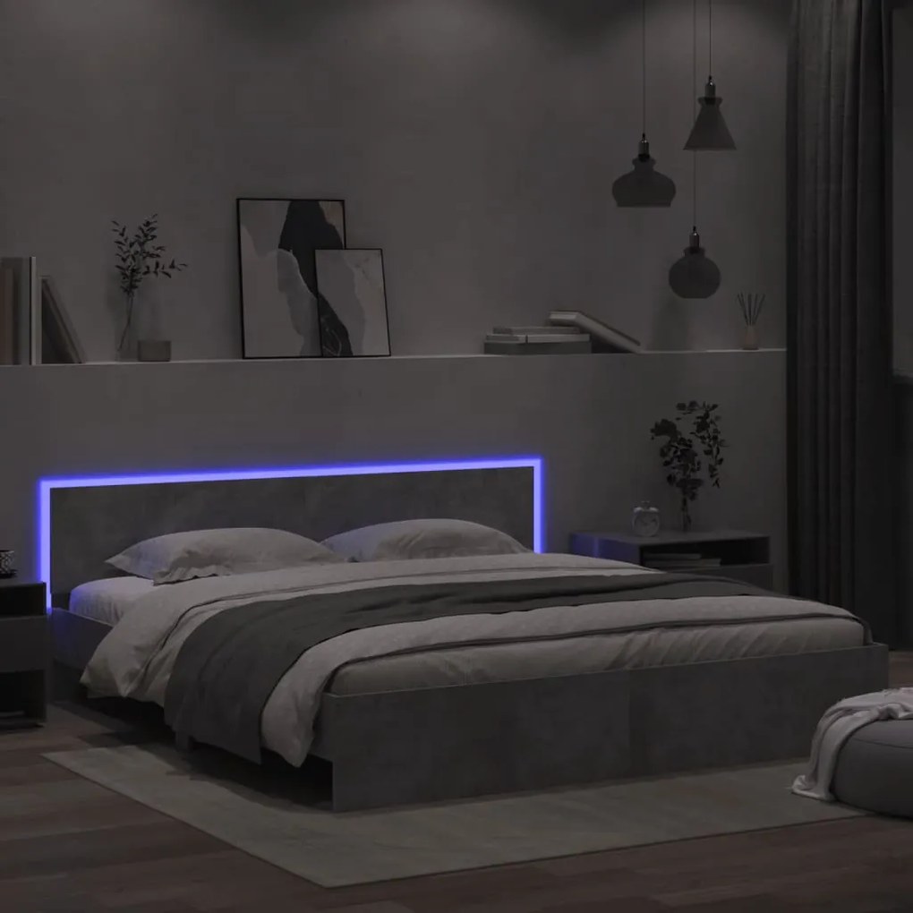 vidaXL Estrutura cama cabeceira e luzes LED 180x200cm cinzento cimento