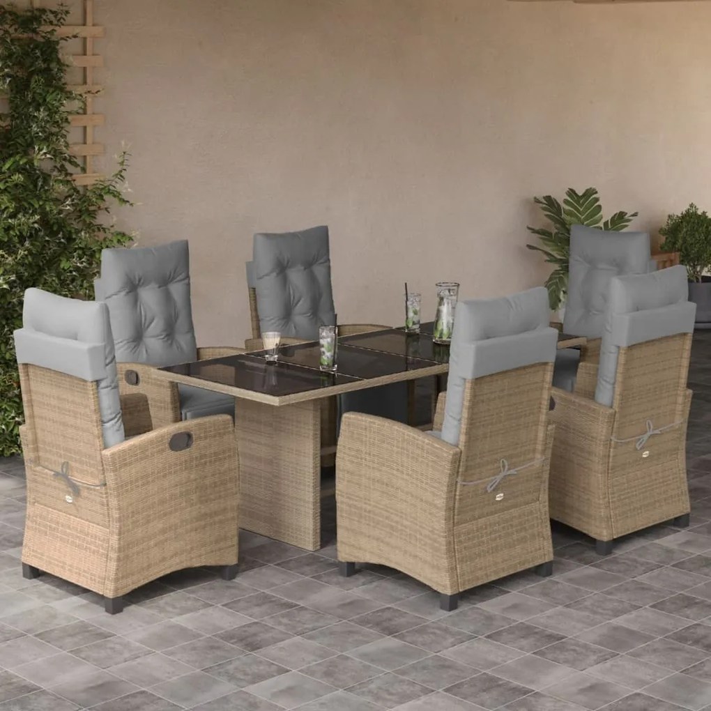 vidaXL 7 pcs conj. jantar jardim c/ almofadões vime PE bege misturado