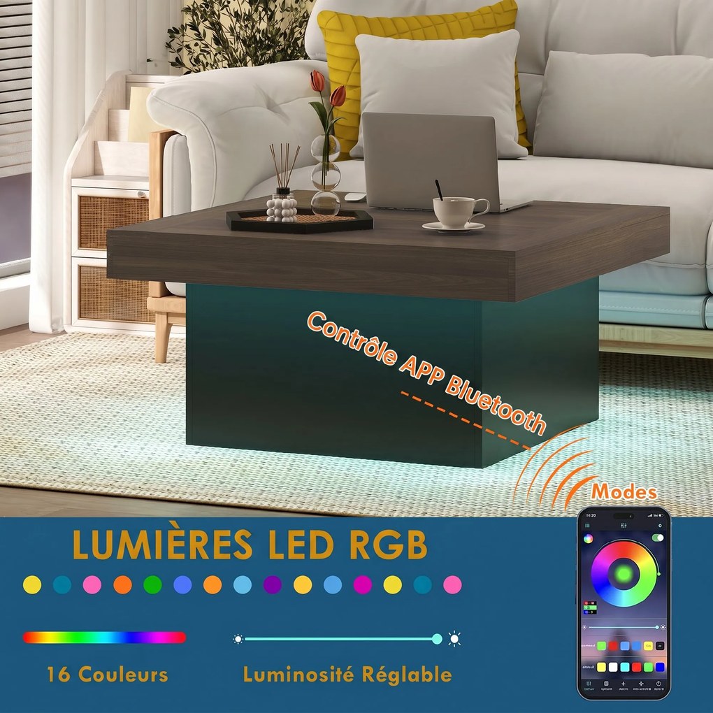 Mesa de Centro Quadrada, 90 x 90 x 45 cm, Iluminação LED RGB Personalizável, cor Nogueira